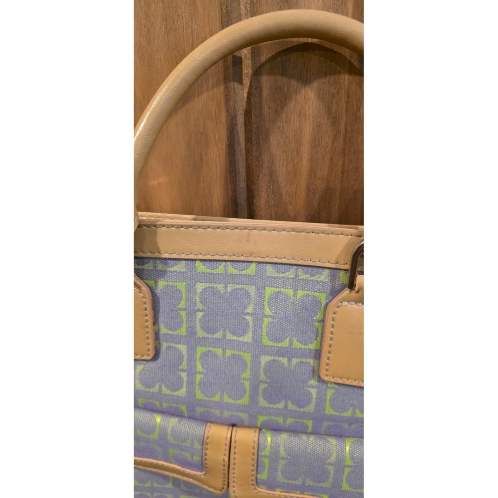 Liz Claiborne Tote Handbag Womens Blue Geometric Canvas Leather Trim Classic - Picture 6 of 11